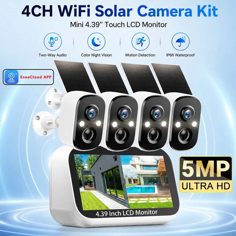 4CH 5MP Solar Battery Wireless Camera System 4.39 Inch Touch LCD Mini NVR Outdoor Baby Monitor IP66 CCTV Security Surveillance
