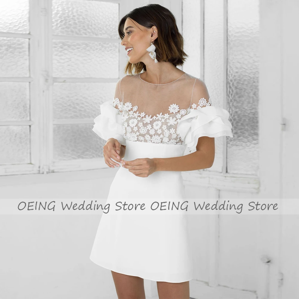 Lace Applique Short Wedding Dress for Women 2023 Bride O Neck Short Sleeve Mini Wedding Gown White Backless Illusion Bridal Gown
