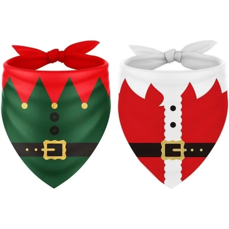Adjustable Christmas Dog Bandanas Tie-on Polyester Santa Elf Triangle Bib Scarf Red Green Kawaii Pet Neck Scarf