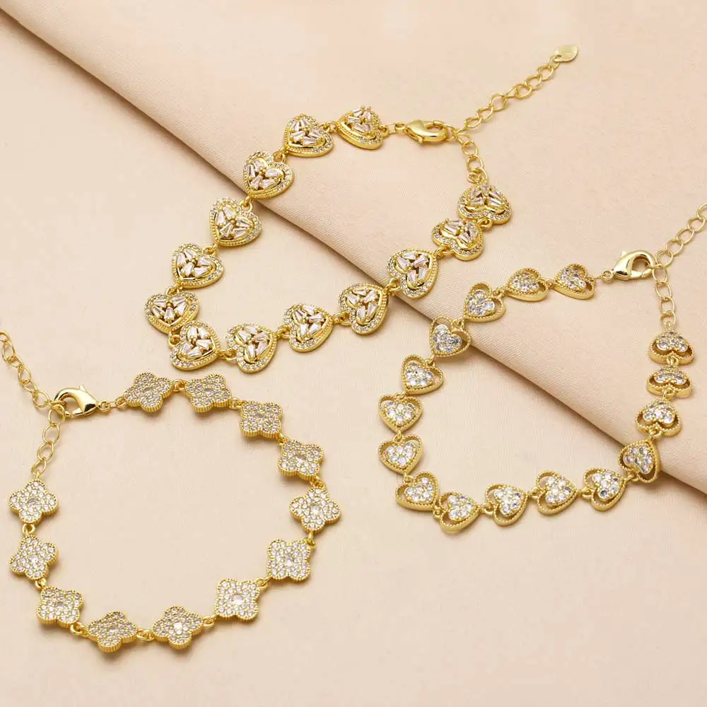 FLOLA Luxury Crystal Heart Bracelets for Women Gold Plated Clover Bracelets Statement Jewelry Party Gifts brth69
