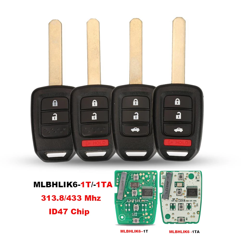 

jingyuqin 10PS Car Key Fob 313.8/433Mhz ID47 Chip Remote Key Fob For Honda Accord 2013 2014 2015 2016 2017 MLBHLIK6-1T/1TA