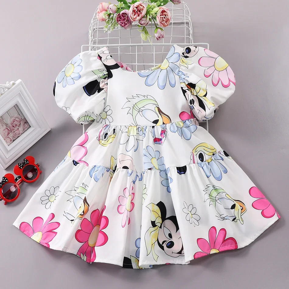 Disney Mickey Girl Dress Kids Toddler Mickey Minnie Mouse Daisy Cartoon Puff Sleeve Clothes Backless Cute Dresses