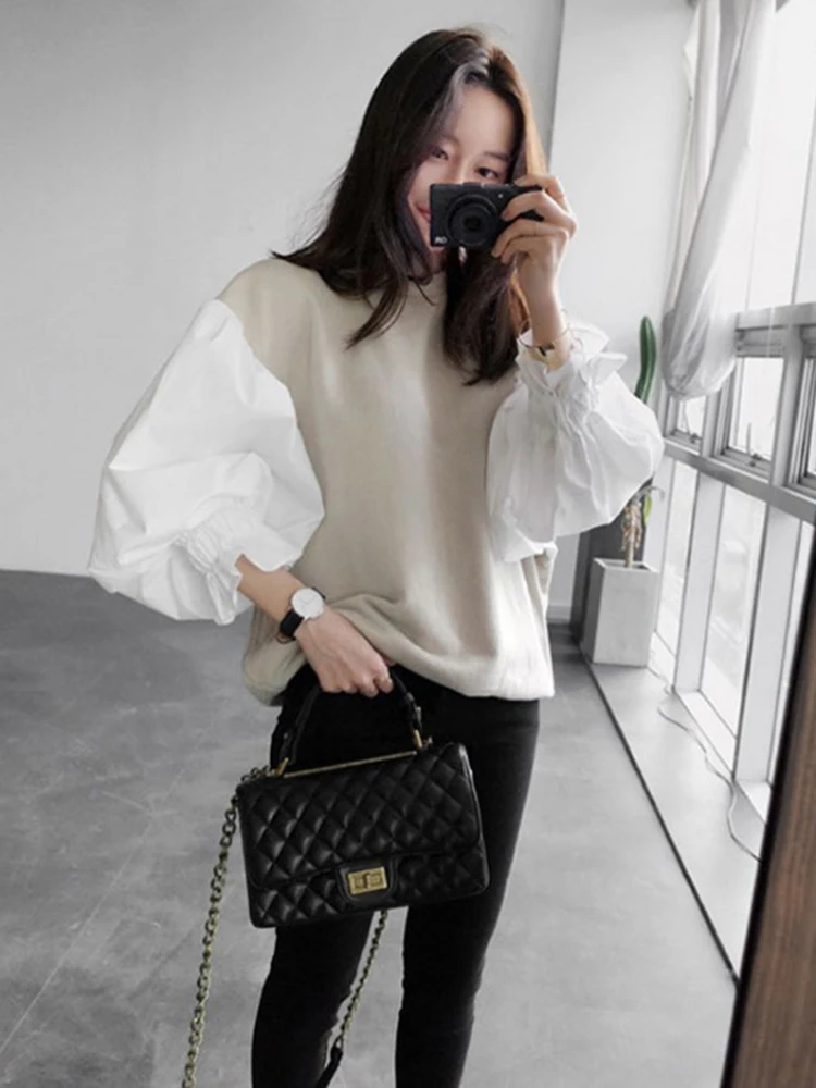 LANMREM Women Blouses Round Neck Patchwork Lantern Sleeves Loose Chic Top 2024 Spring Summer New Korean Style 2DA4701