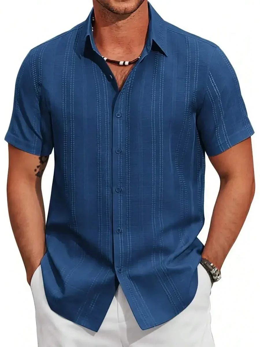 

Mens Casual Short Sleeve Button Down Shirt Summer Beach Textured Cotton