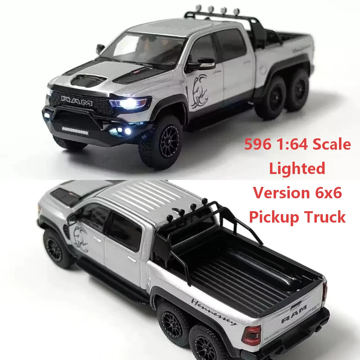 Modèle de voiture en alliage, camionnette 6x6, version éclairée, échelle 1:64, Diecast 596