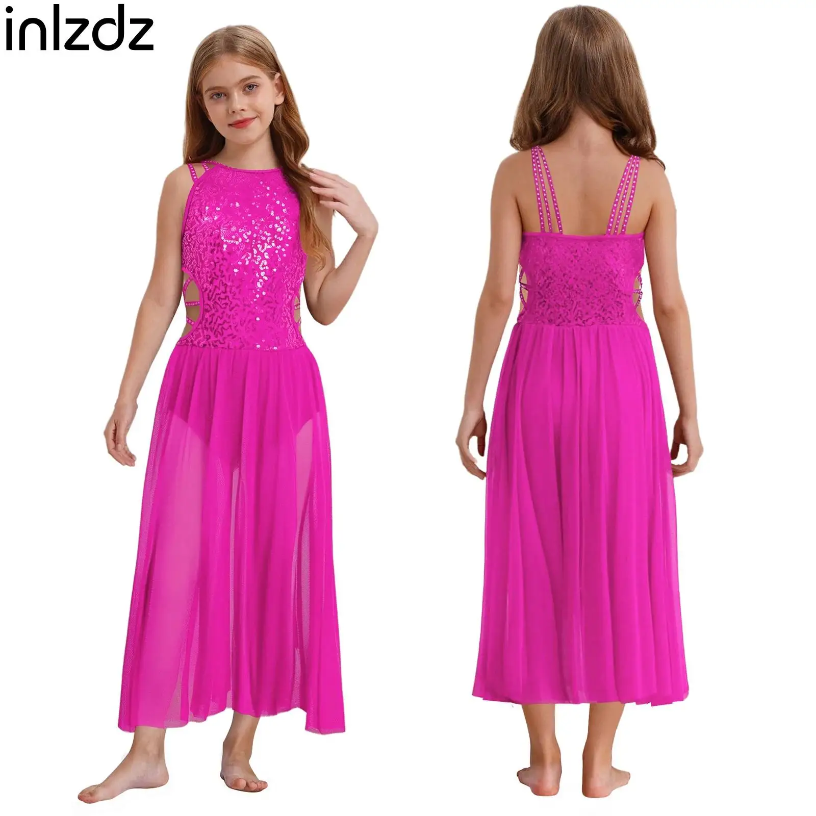

Sparkly Sequins Lyrical Dance Dress for Girls Kids Rhinestones Cutout Waist Bodice Side Split Mesh Dresses Performance Dancewear