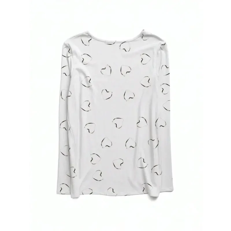 เสื้อยืดลําลองแขนยาวพิมพ์ลายรูปหัวใจคอวีอเนกประสงค์ของผู้หญิงขนาดบวก