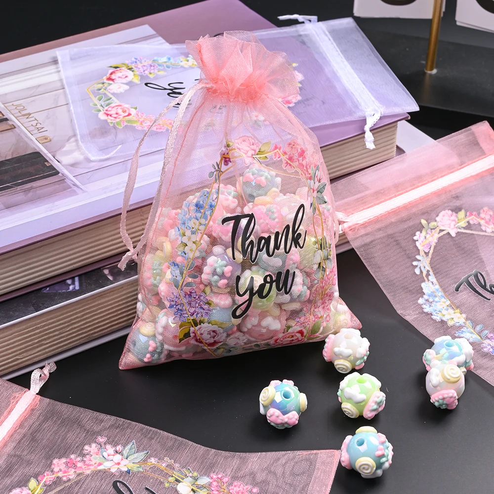 10 Stück Durchsichtige Organza-Geschenktüten mit Kordelzug "Danke" Blumendruck Schmuck-Aufbewahrungstaschen für Hochzeitsfeier-Aufbewahrung – Detail 1