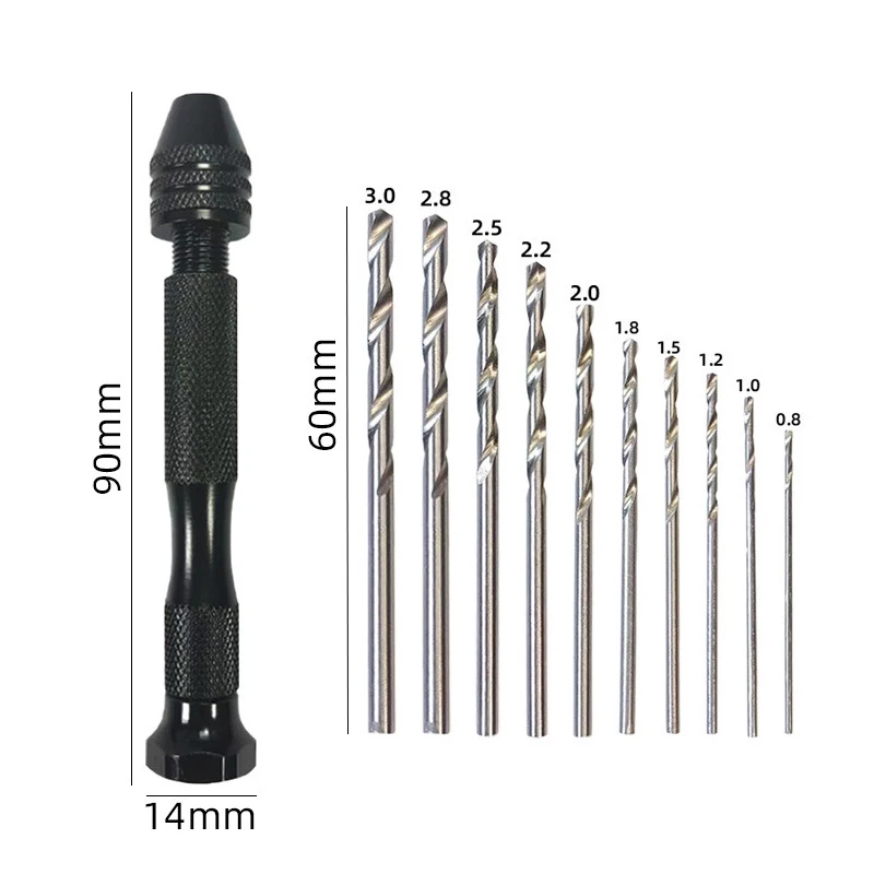 Hand Twist Drill 0.3-3.4mm Mini Tool Set with Black Fried Dough Twists Drill for Woodworking Sewing Leather Rotary Holes Tools