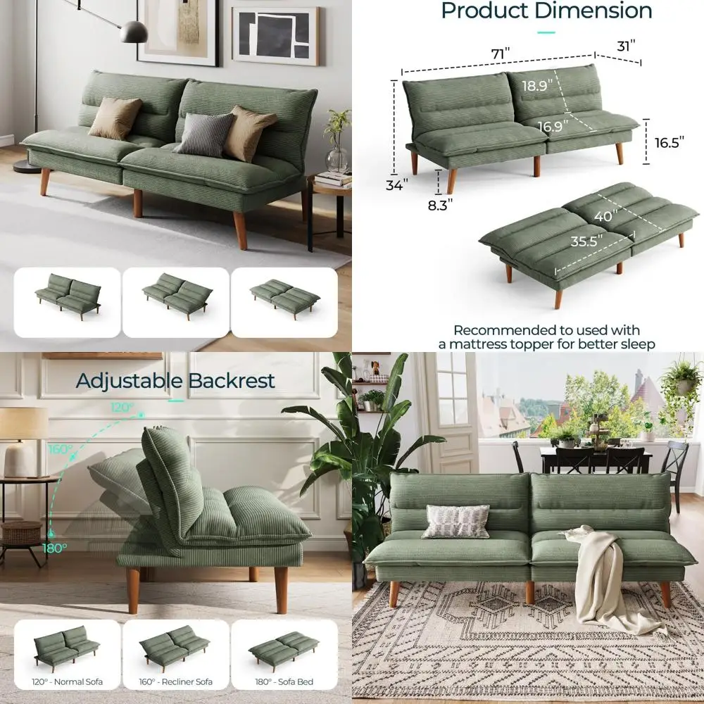 Sofá-cama futon conversível de veludo cotelê com encosto ajustável, sofá-cama pequeno e moderno