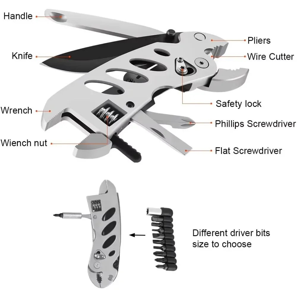 E-durable Multitool Wrench With 7 Tools Portable Folding Multifunctional Adjustable Multi Purpose Stainless Steel Pliers