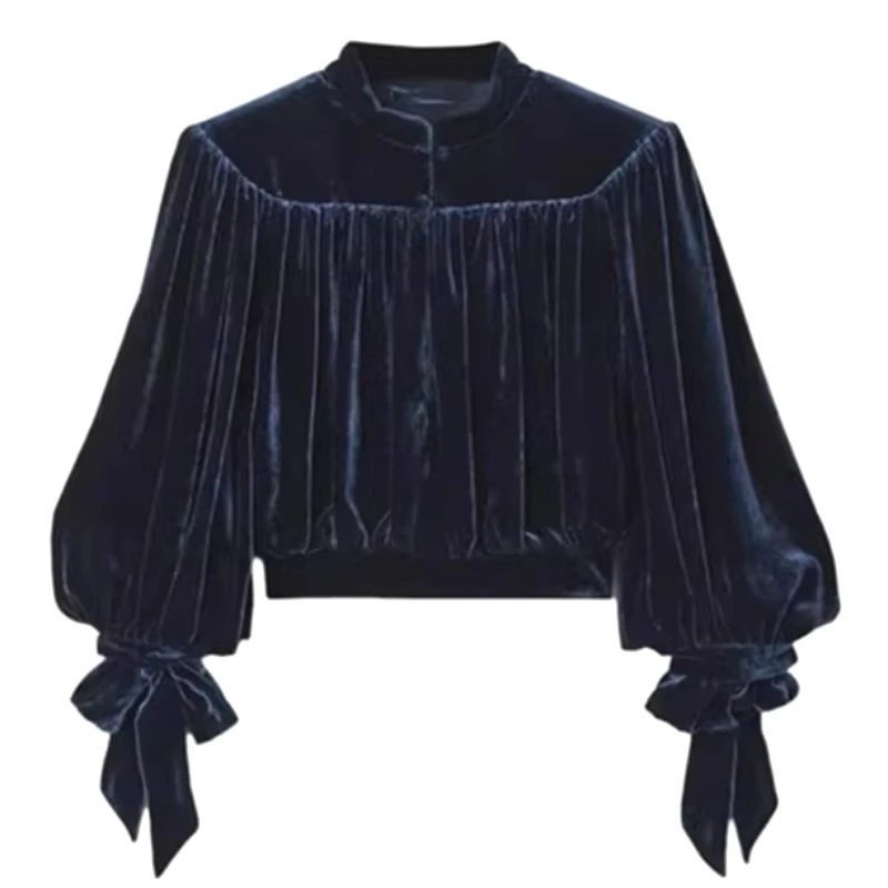 

Women Shirt Solid Short Blouses Pleated Lace Up Round Neck Lantern Sleeves Single Breasted Loose Fit Casual Office 2026 Spring