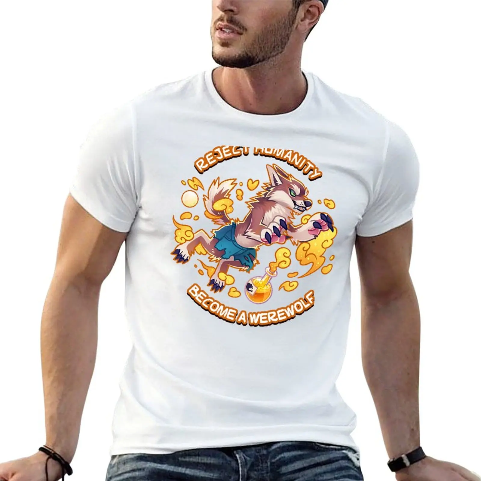 Rechaza la humanidad, ¡Conviértete en un lobo humano marrón! Camiseta Yellow Potion, camisetas para hombre, camisetas de algodón, camiseta de diseñador