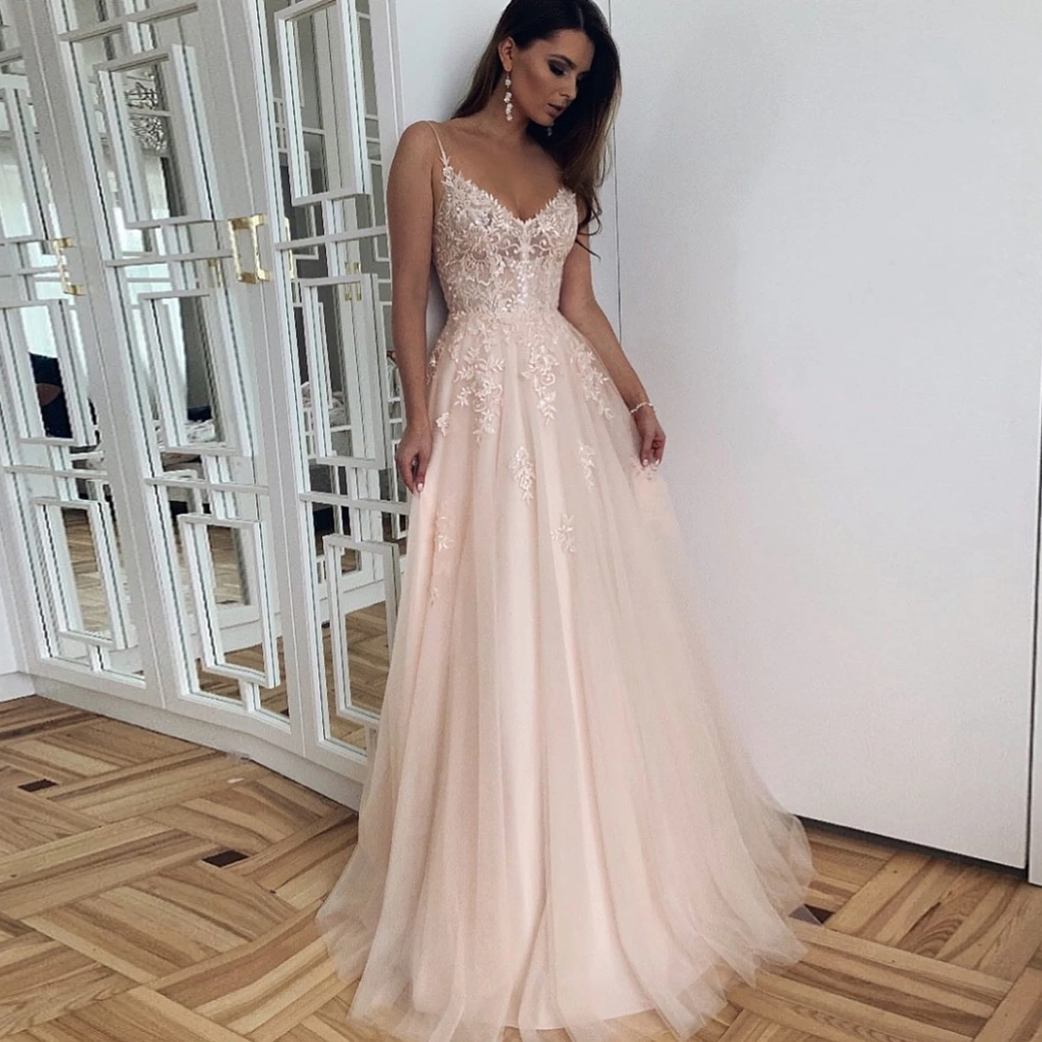 Vestidos de novia rosas con cuello en V y espalda descubierta para mujer, vestidos largos de novia para dama de honor, fiesta de cóctel, vacaciones, graduación