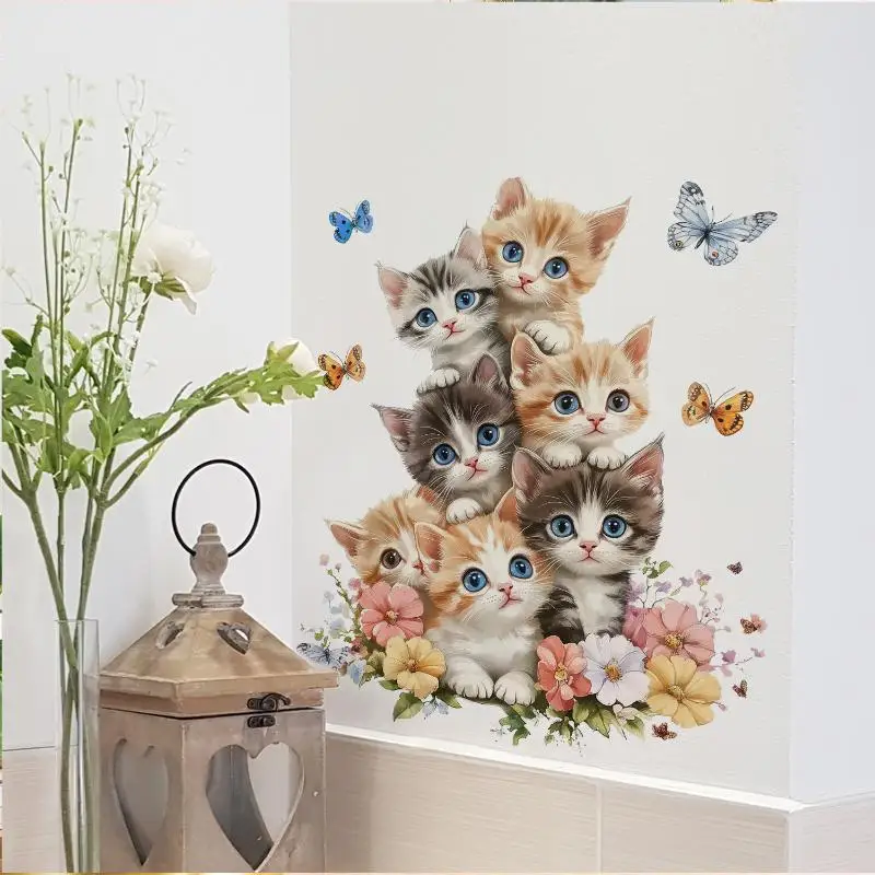 Cute Little Cat Flower Butterfly Stickers For Bedroom Living Room Wall Decor Kids Nursery Decals Removable Home Decor