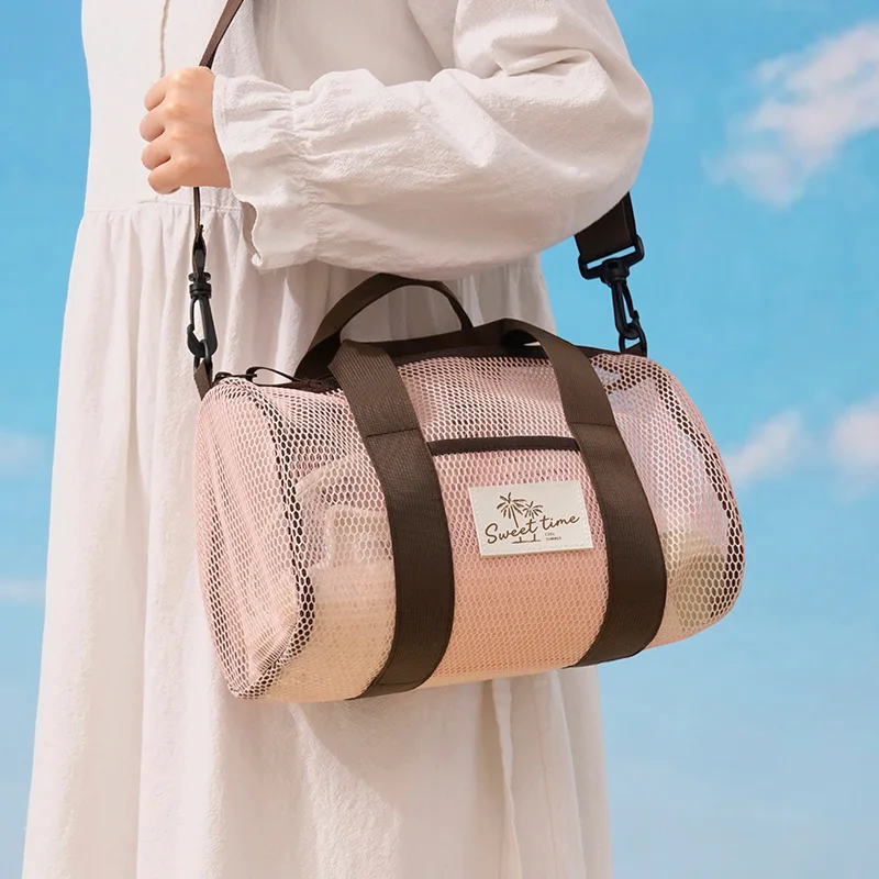 See Through Mesh Beach Bag Quick Dry Swim Gym Duffle Handbag Detachable Crossbody Strap Outdoor Vacation Storage Tote Purse view 3