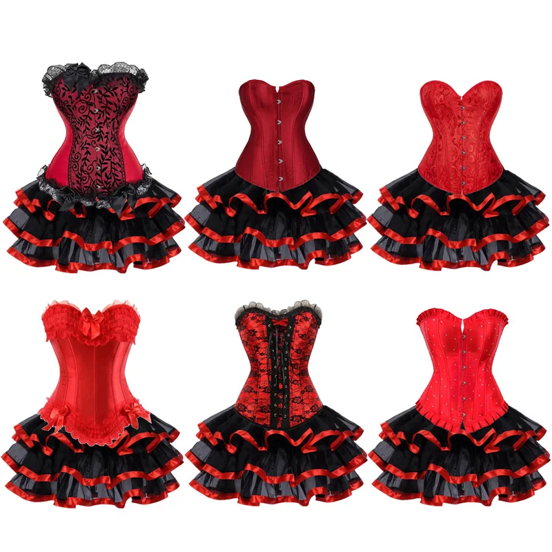 Red Sexy Corset with Tulle Skirt Overbust Victorian Corset Steampunk Elegant Wedding Bustier Burlesque Dress Lace