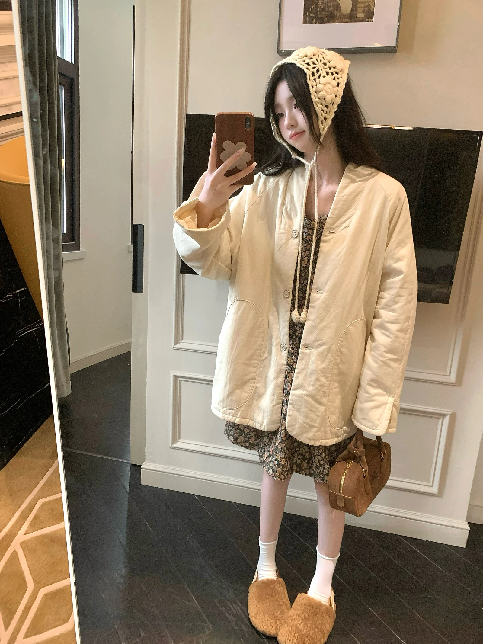 

Soft Gentle Milk White Thin Cotton Jaet for Small Figures Anti-Aging Autumn Winter Commute Sle Loose Fit Long Sve