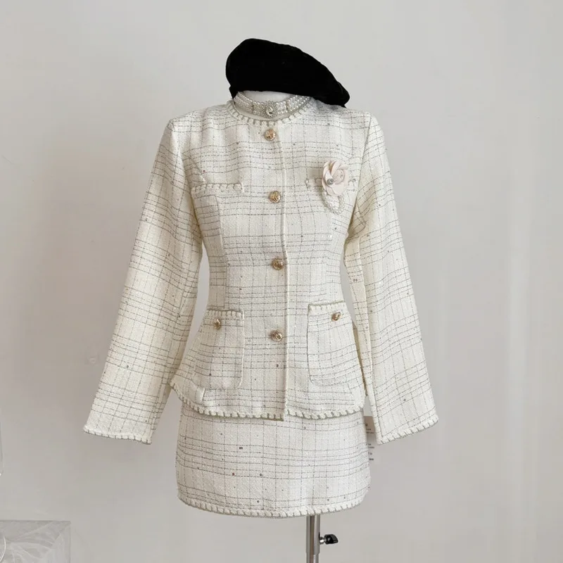 

Высококачественный французский маленький ароматный твидовый комплект из двух предметов, женская шерстяная модная куртка, пальто + мини-юбки, костюмы, милые наряды из двух предметов