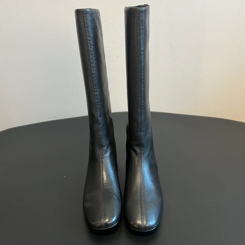 Sewing Lines Shoes for Ladies Square Toes Flat Heels Pleated Chassure Femme Real Leather Female Mid Calf Boots Solid Zapatos