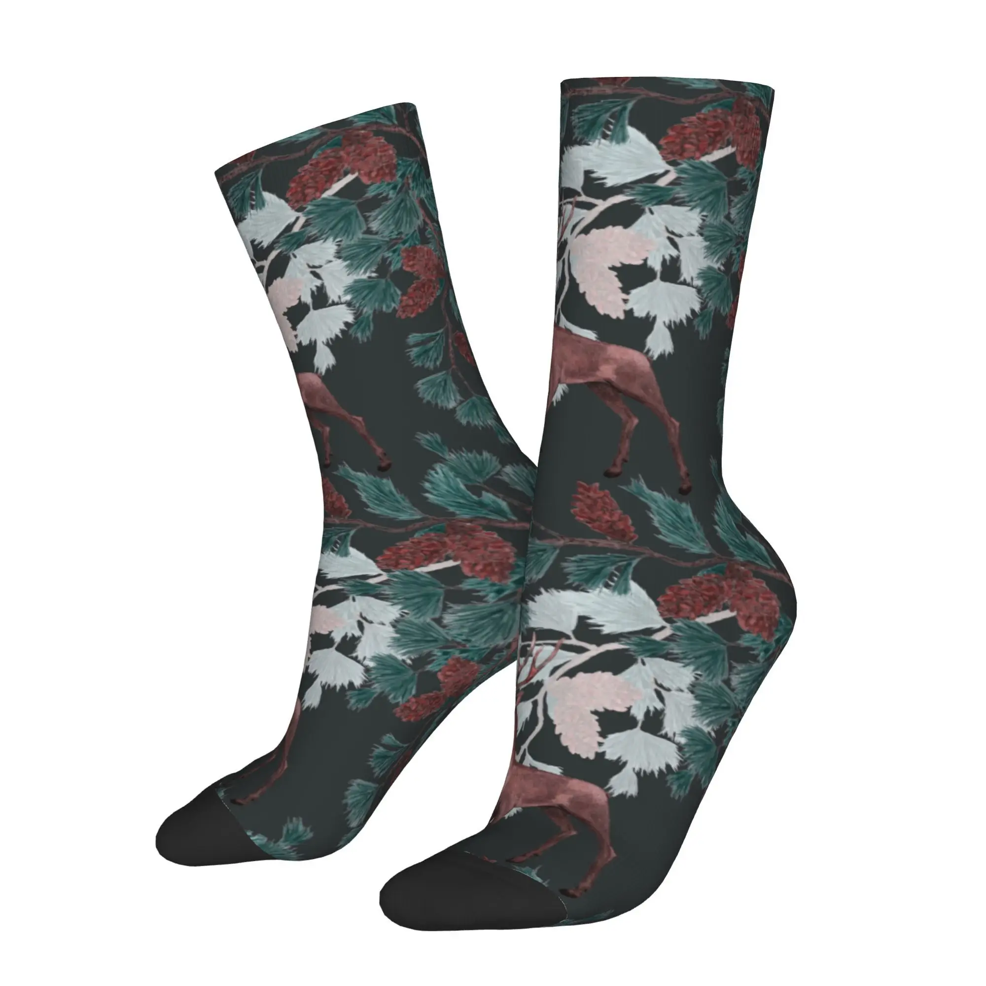1pc Deers and Pine Branches Printed Men's Socks  Novelty Hip Hop Harajuku Pattern Crew Sock Casual Gift