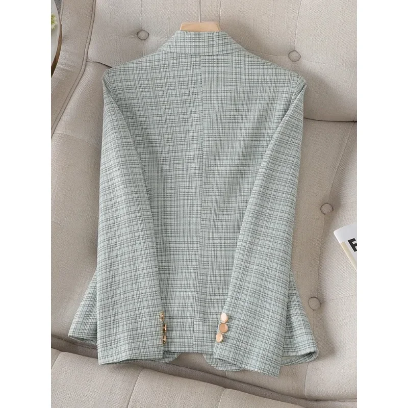 Long Sleeve Women Plaid Blazer Ladies Green Apricot Beige Female Business Work Wear Slim Formal Jacket For Autumn Winter