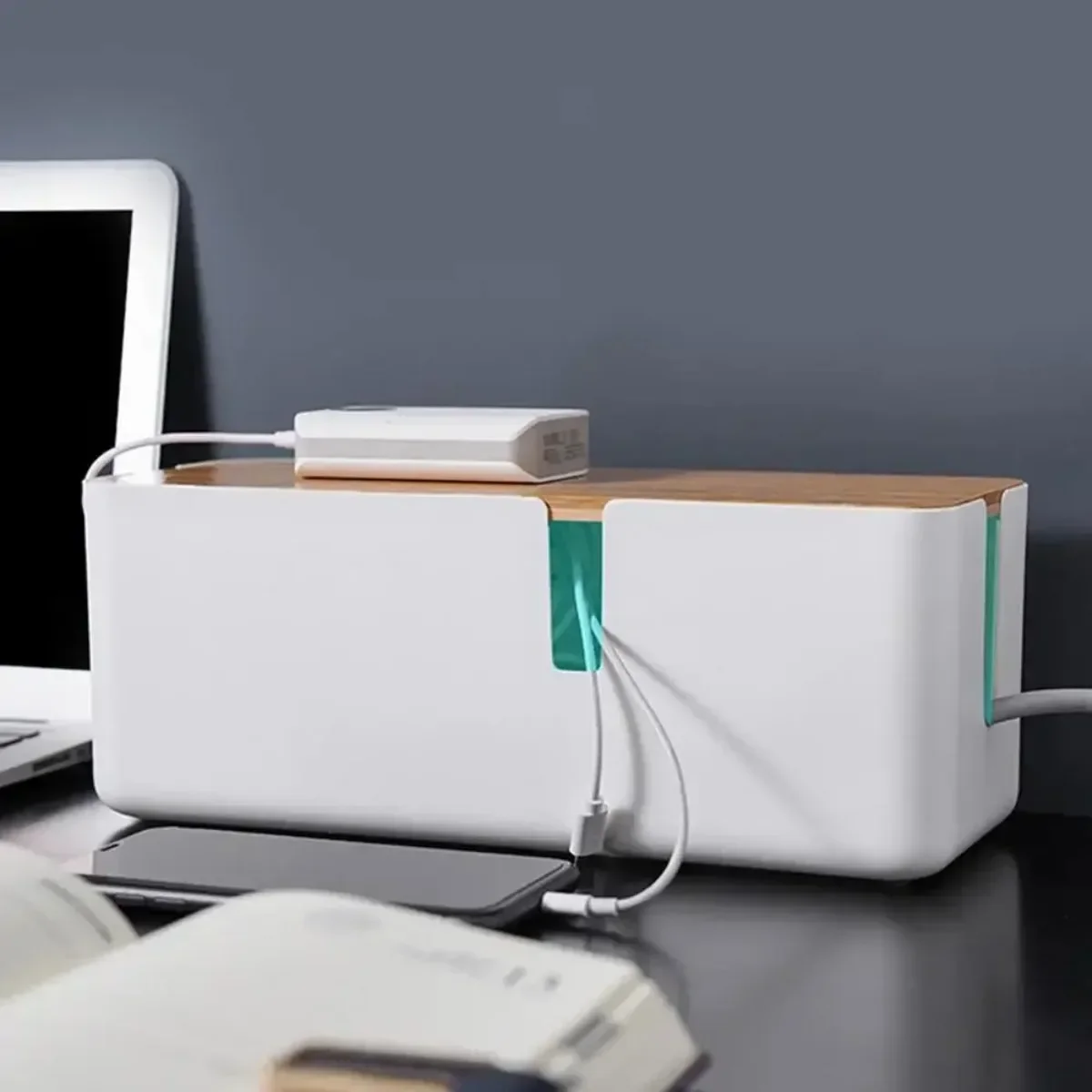 Cable Storage Box Wooden Power Line Storage Case Dustproof Charger Socket Organizer Wire Case Home Cable Winder Organizer