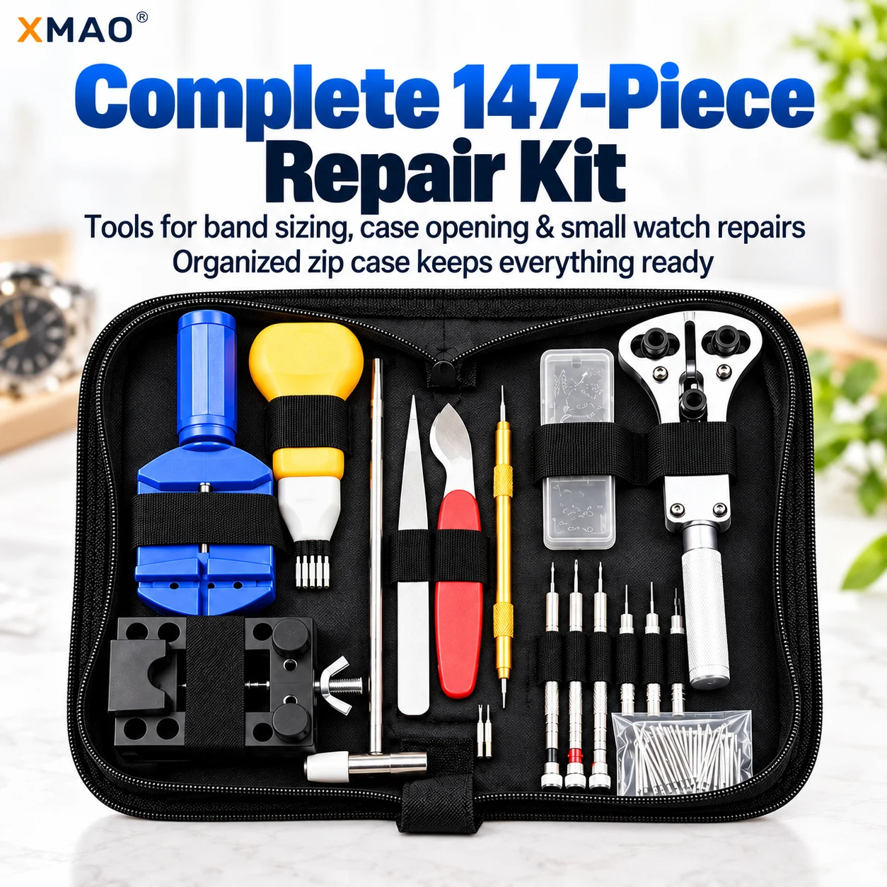 XMAO 147PCS Watch Repair Kit, Watch Strap Adjustment Tool Set with Band Link Remover, Case Opener Wrench and Spring Bar Pins