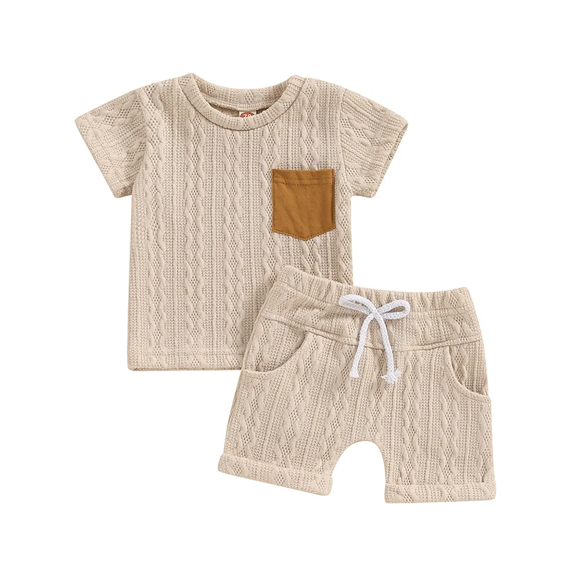 

Toddler Newborn Baby Boy Knit Summer Outfit Clothes Short T Shirt Set Solid Color Tee Top Elasticated Waist Shorts