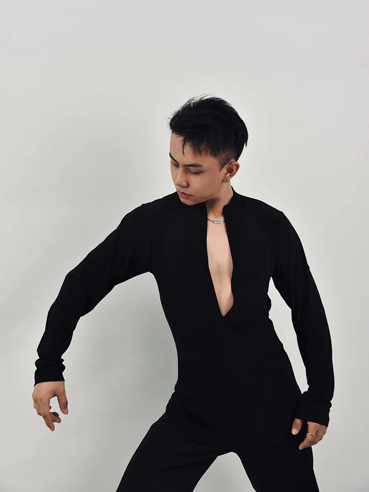 2024 New Latin Dance Tops For Men V-Neck Long Sleeved Mesh Shirts Samba Modern Dance Practice Clothes Adult Latin Wear DQS17185