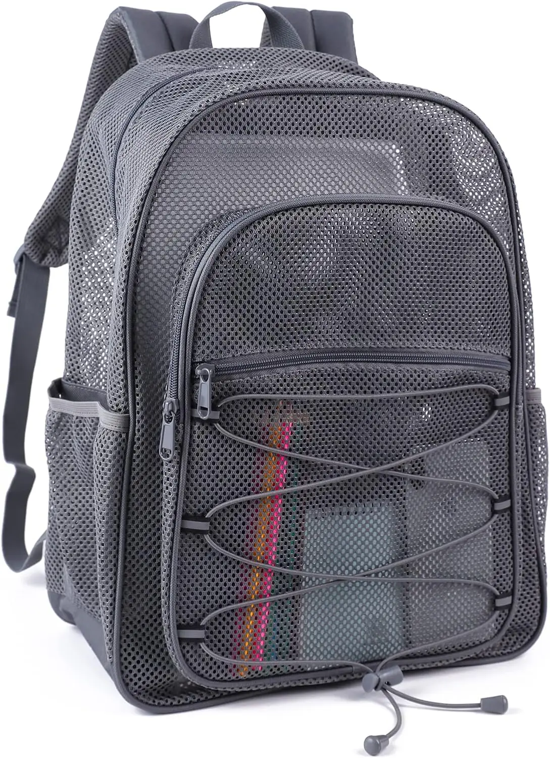 Heavy Duty Mesh Backpack, Semi-transparent Mesh Bookbag,See Through College Backpack with Bungee and Comfort Padded Straps for C