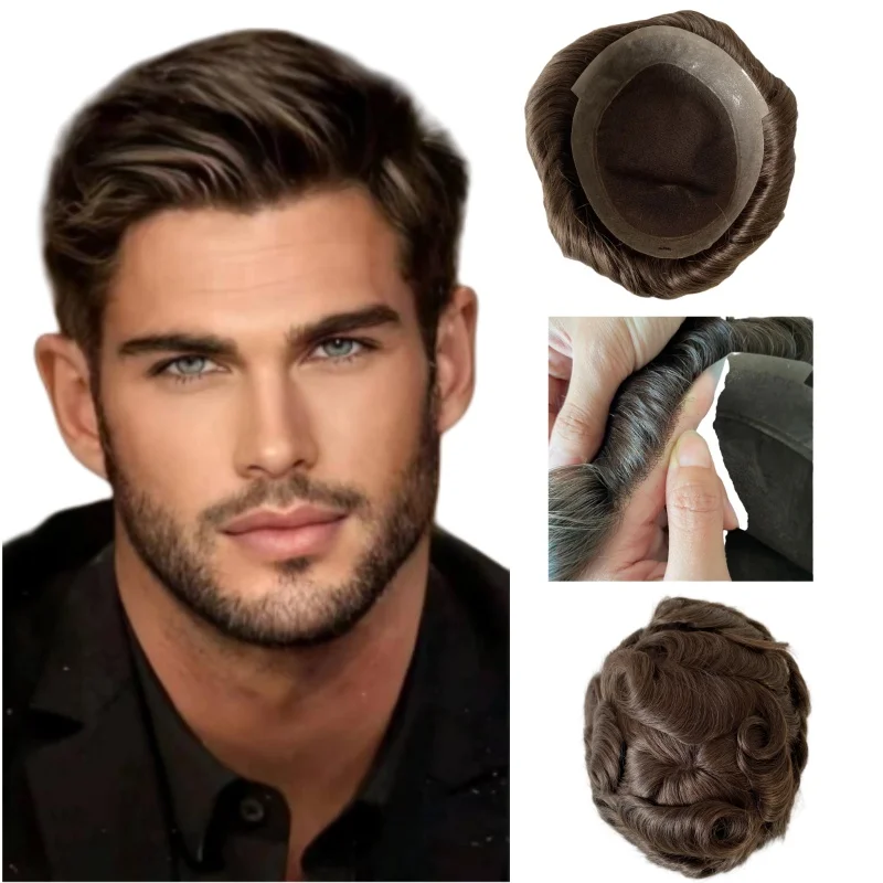 

European Virgin Human Hair Systems Brown Color 4# 8x10 Lace Around PU Toupee AUS Male Unit for European Men