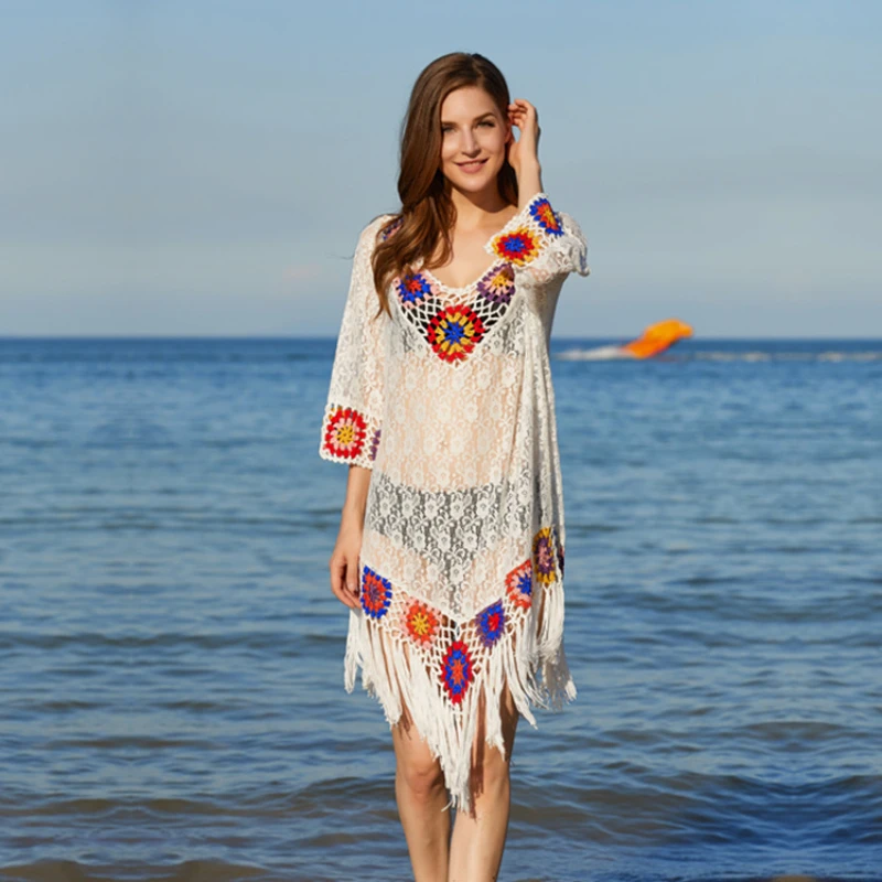 Wakacje plaża sukienka długie kobiety letnie Bikini Cover Up europa ciepła Patchwork kolorowe szydełka 3/4 rękaw pomponem Vestidos Mujer