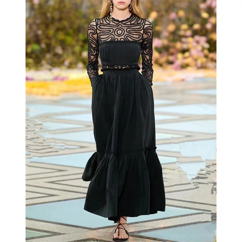 Women Dress 2023 High Quality Spring Summer Runway O Neck Long Sleeves Hollow-out Embroidery Elegant Maxi Dresses NP1898Y