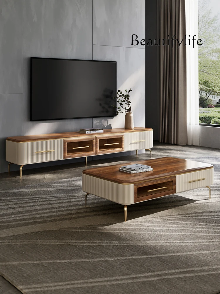 Light Luxury Solid Wood Coffee Table TV Cabinet Combination Designer High Sense Household Wood Grain Tea Table