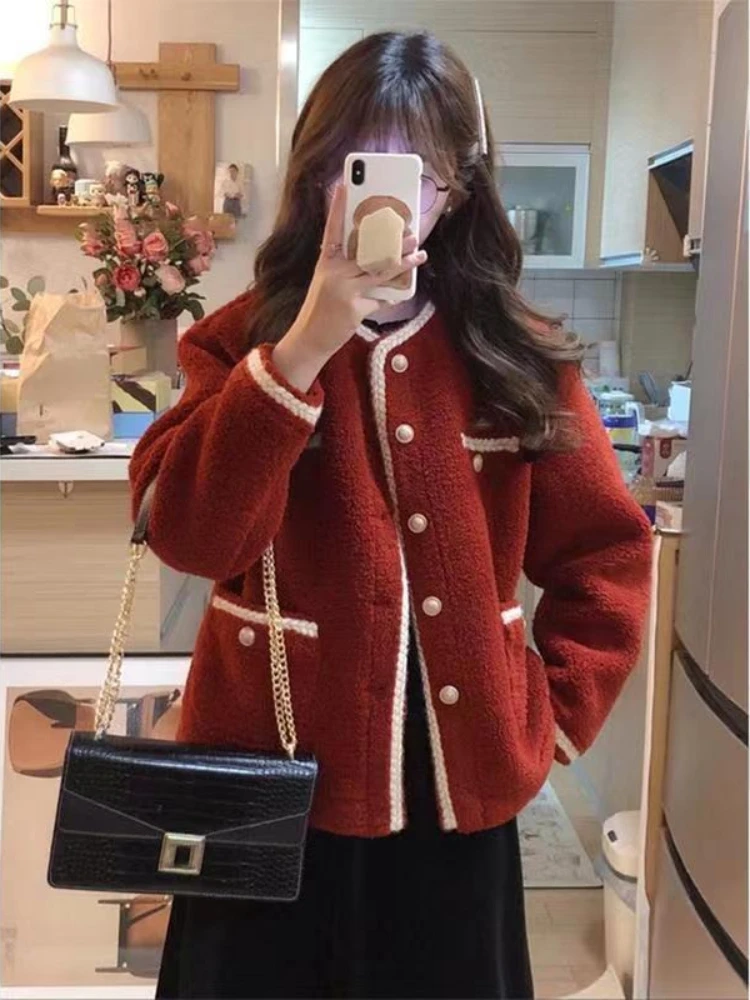 

Autumn Winter New Style Commuter Women's Jacket Thick Short Coat Splicing Button Pocket Warm Elegant Cute Round Neck Coat Tops