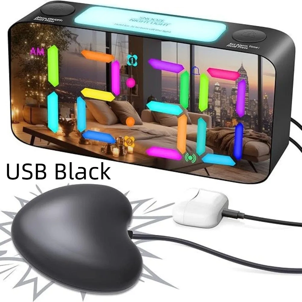 Heart Shape Vibrating Mirror Blind Alarm Clock Extra Large Display 12/24H Display Electronic Bedside Clock with Night Mode