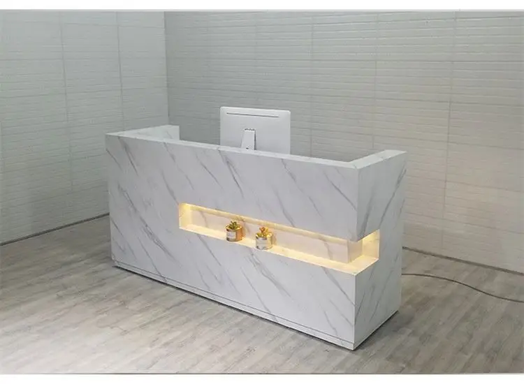 us-Luxury Wooden White Marble Reception Desk Modern Counter Table for Salon！