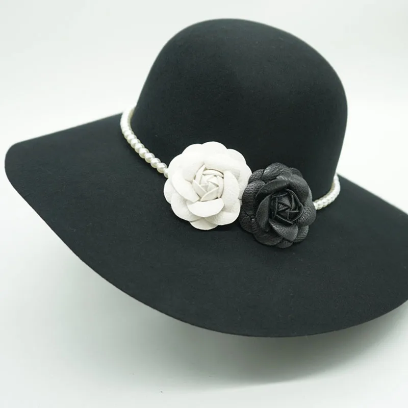 Women Black Fedora Hat Wool Felt Ladies Hats Winter Floppy Brim Flower Fedoras Perals Band Church Wedding Dress Fascinator Hat