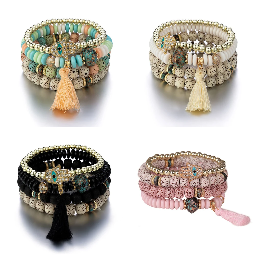 4-teiliges Böses-Auge-Armband-Set für Frauen, Böhmischer Kristall Fatima-Hand Quasten-Charm Steinperlen-Kette Armreif, Herren Mode-Schmuck Geschenk