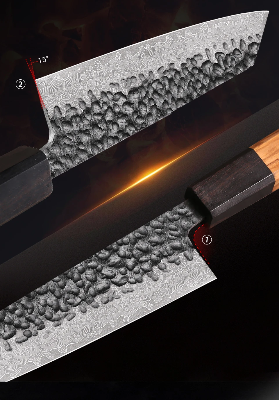 6-Zoll Japanisches Bunka-Messer aus 67-Lagigem Damaszener Stahl, Handgeschmiedetes Kiritsuke Kochmesser für Fleisch und Gemüse, Scharfes Kochutensil – Detail 7
