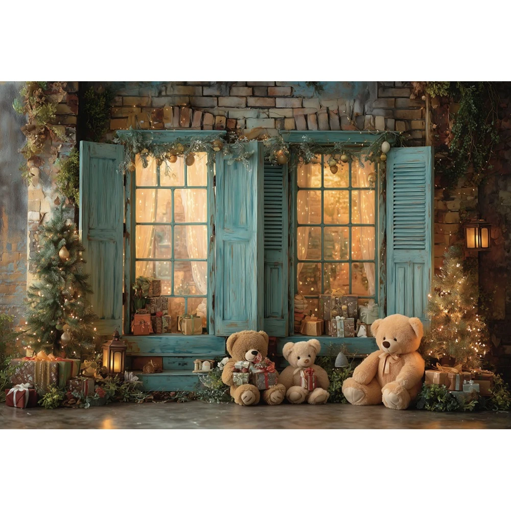 عيد الميلاد التصوير خلفية عيد الميلاد متجر نافذة خشبية دمية دب الاطفال الأسرة صور التصوير خلفية ديكور الحفلات الدعائم