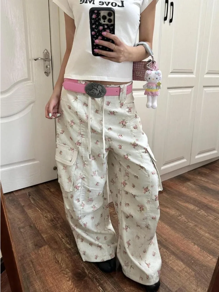 Y2K Vintage Streetwear Coquette Floral Print Cargo Jeans Women High Waist Multi Pocket Loose Wide Leg Washed Denim Casual Outfit