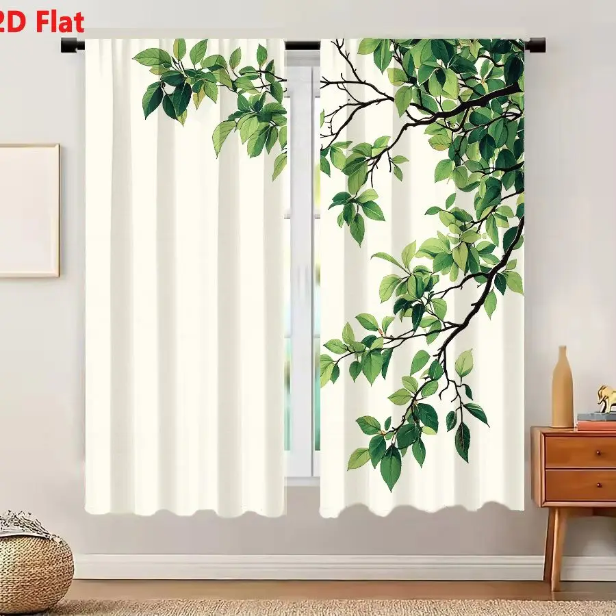 2Pcs Curtains 2D Flat Botanical Illustration Of Lush Green Tree Branches With Oval Leaves On Off White Background Window Drapes