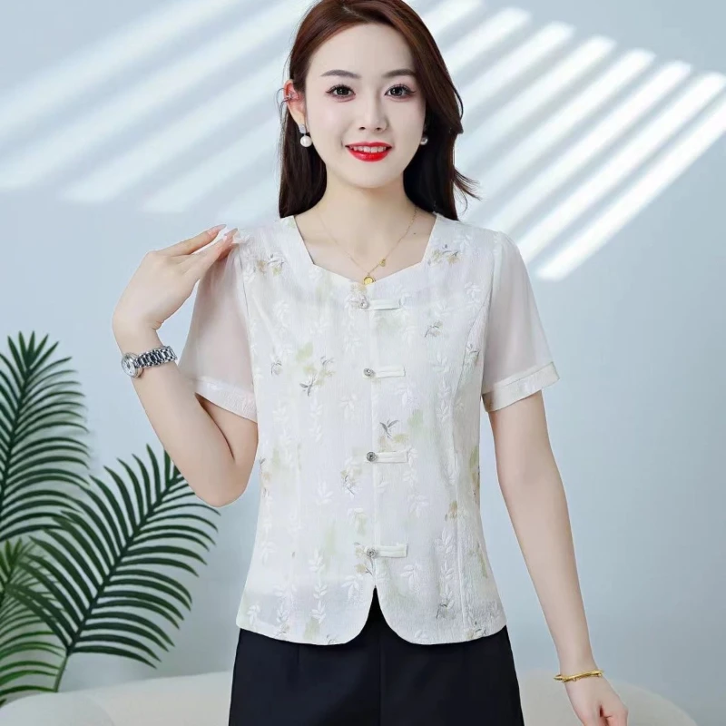 

Новый женский модный шифоновый топ с короткими рукавами и круглым вырезом на пуговицах с принтом