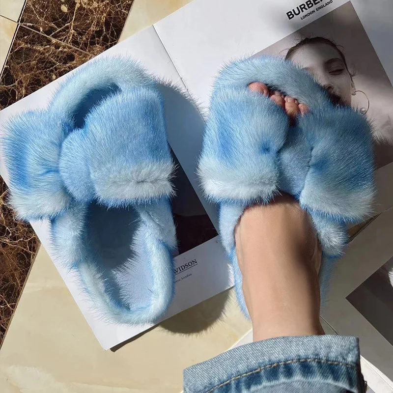 Fur Slippers Ladies Summer Fluffy Mink Fur Slippers 100% Mink Fur  Sandals Home Slippers Girls Outdoor Plush Flip Flops Slippers