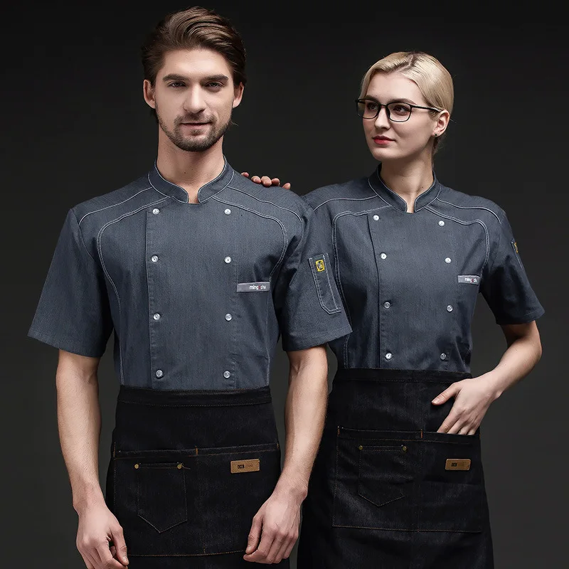 Restaurant Clothes Customized Kitchen Kindergarten Work Wear Chef Uniform Denim Summer Thin Hotel Canteen