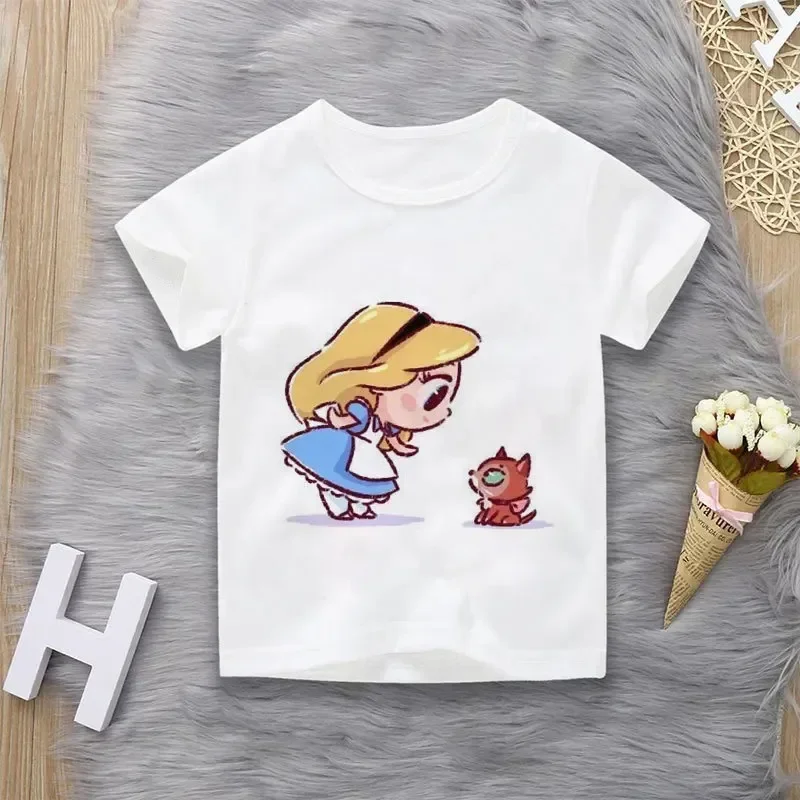 3-14y Kid Disney Short Sleeve Fashion Cute Princess Alphabet Cartoon Cinderella Print Casual Flower Girls T-Shirt Crew Neck Tops