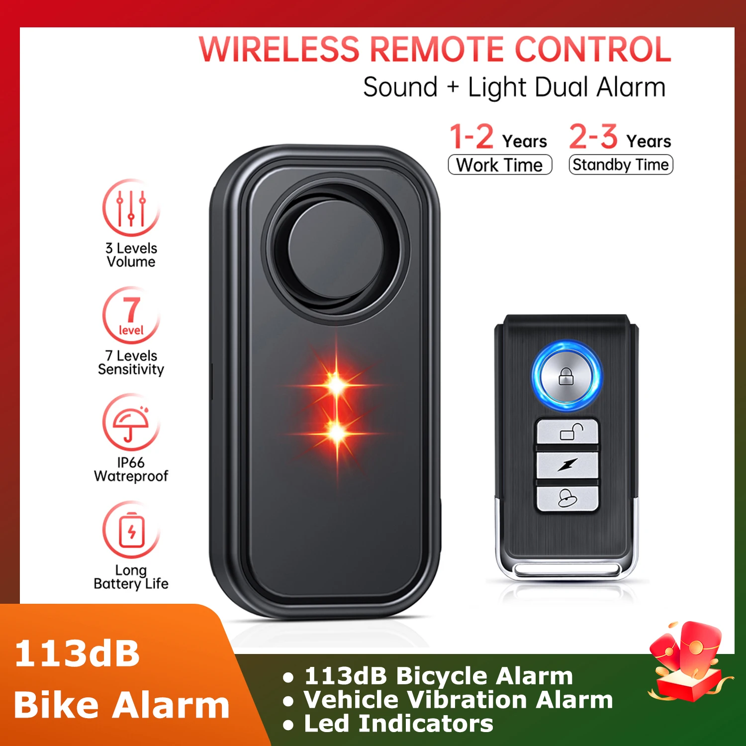113dB إنذار مضاد للسرقة للدراجة مع ضوء وامض IP66 مقاوم للماء إنذار الدراجة اللاسلكية SOS بحث المركبات #1