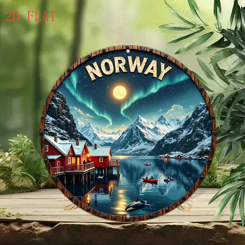 Arte de pared de aurora boreal de Noruega, letrero de Metal escandinavo rústico con Aurora Boreal, Fjords y letra de bandera noruega, 8 pulgadas, 1 ud.